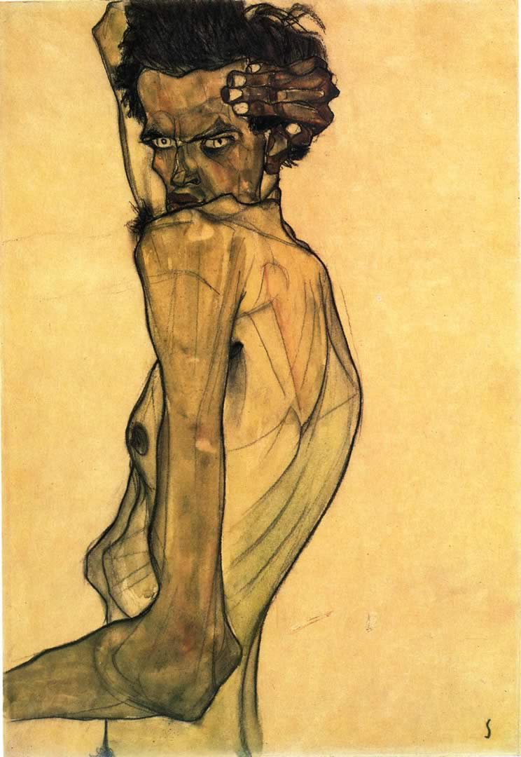 Self-Portrait with Arm Twisted Above Head - Egon Schiele