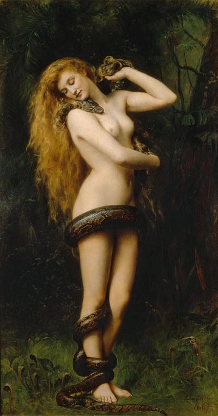 John Collier,Lilith (1892). Lilith è una figura presente nelle antiche religioni mesopotamiche e nella prima religione ebraica, che potrebbe averla appresa dai babilonesi assieme ad altri culti e miti (vedi Diluvio universale) durante la prigionia di Babilonia. Alla fine dell'Ottocento, in parallelo alla crescente emancipazione femminile nel mondo occidentale, la figura di Lilith diventa il simbolo del femminile che non si assoggetta al maschile e, rivalutata nelle religioni neopagane.