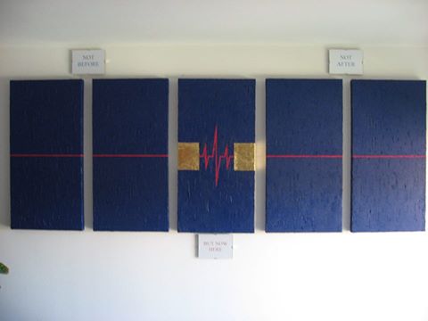 Titolo: NOT BEFORE, NOT AFTER, BUT NOW HERE Anno: 2013 Tcn.: Olio, acrilico, sabbia di vetro e foglia oro su tela Misure: Polittico (5 parti) 40cm x 80cm ciascuno Autore: Marco Marighetto